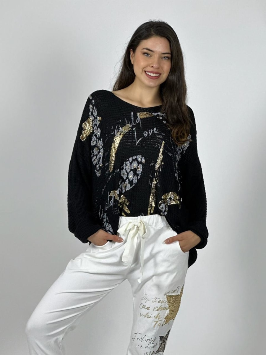 Tejido Italiano Flores Brillos y Letras A1-1313