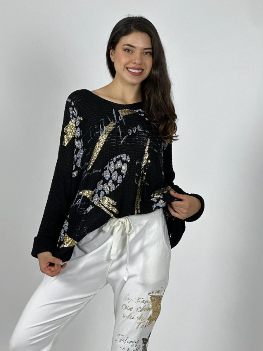 Tejido Italiano Flores Brillos y Letras A1-1314