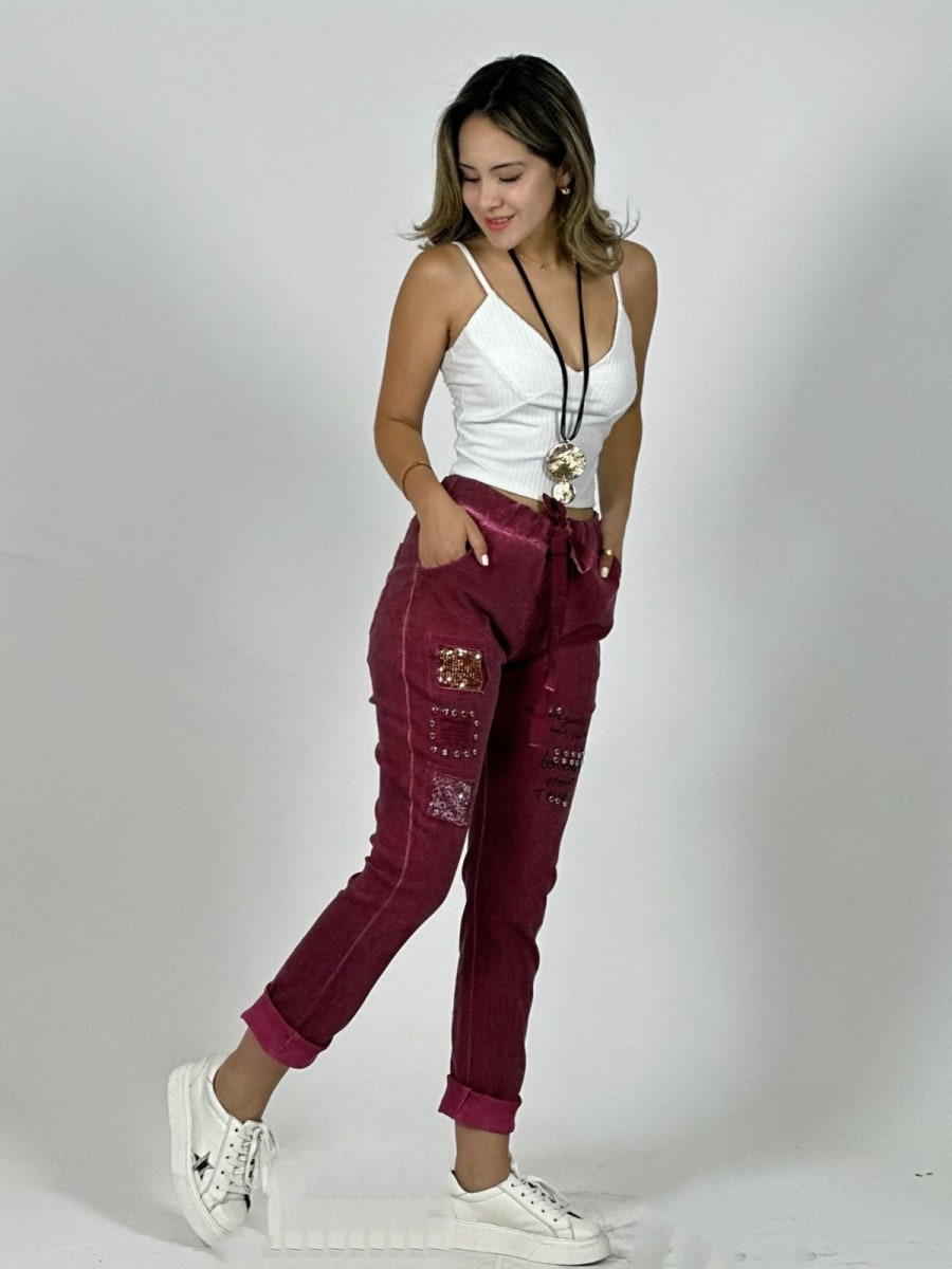 Jogger Italiano Mezclilla Elásticado Cuadros y Tachas A4-8519