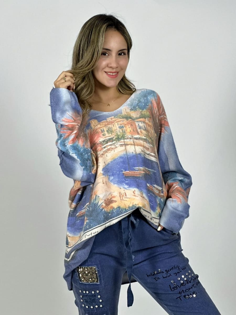 Sweater Spandex Italiano Paisaje Mediterraneo A3-7413