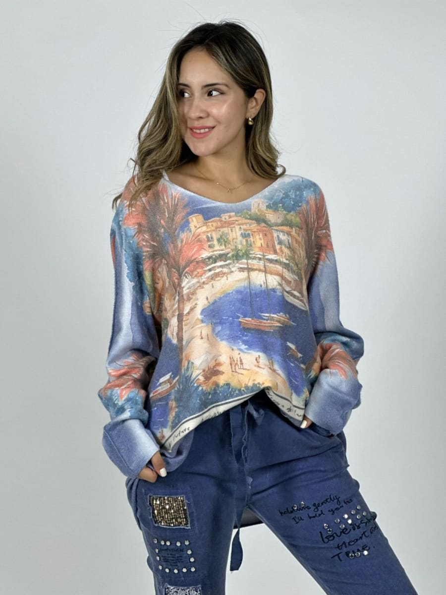 Sweater Spandex Italiano Paisaje Mediterraneo A3-7415