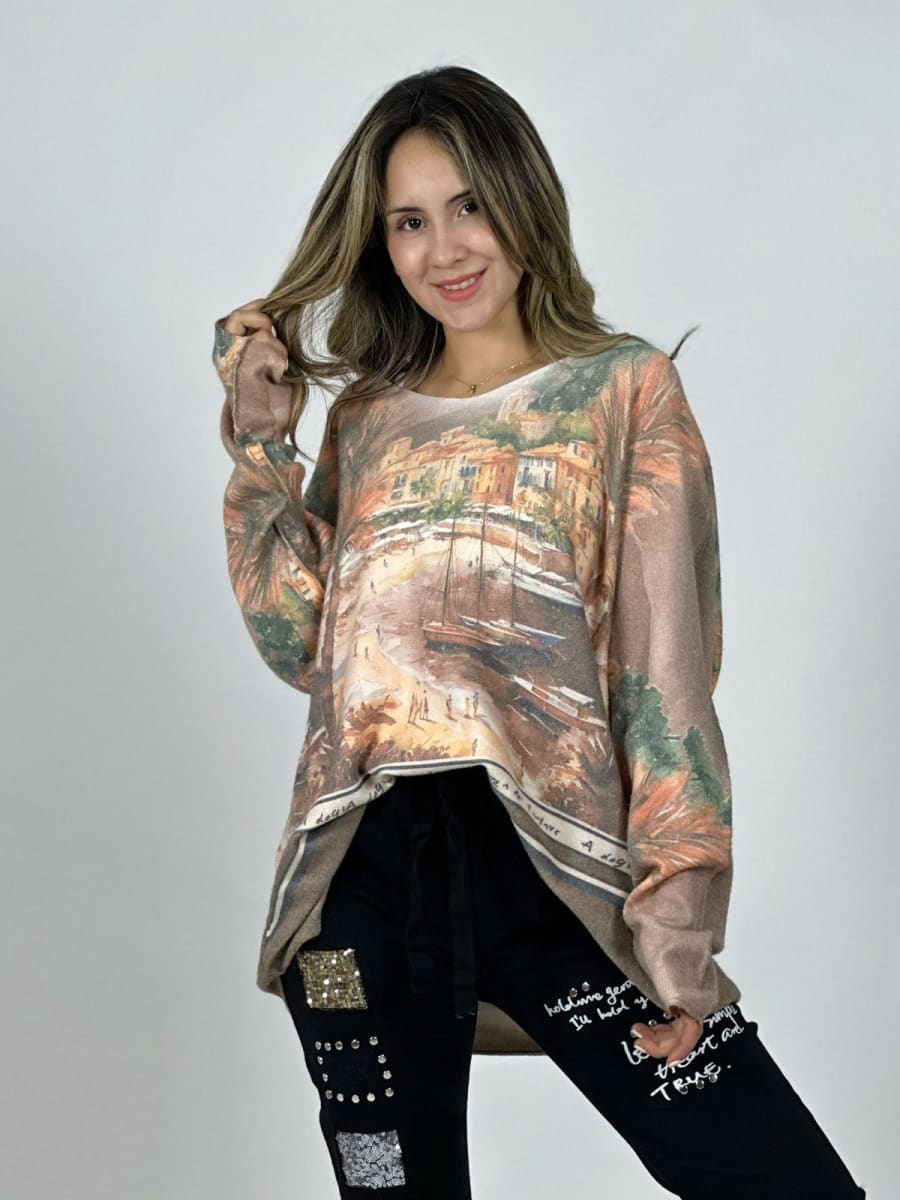 Sweater Spandex Italiano Paisaje Mediterraneo A3-749