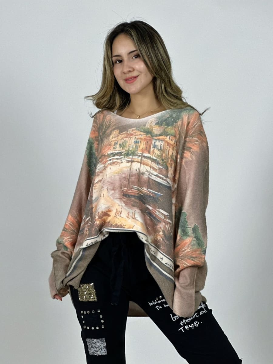 Sweater Spandex Italiano Paisaje Mediterraneo A3-7410