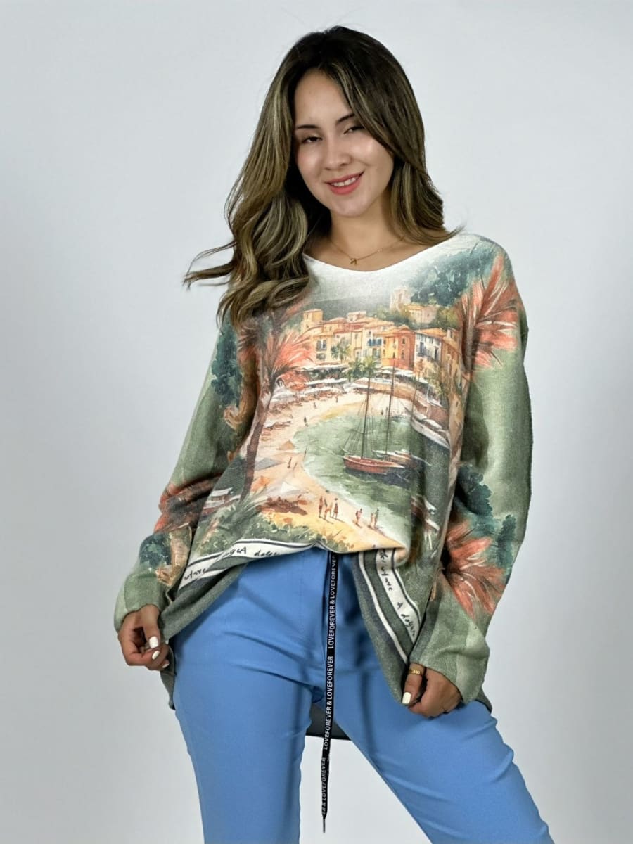Sweater Spandex Italiano Paisaje Mediterraneo A3-742