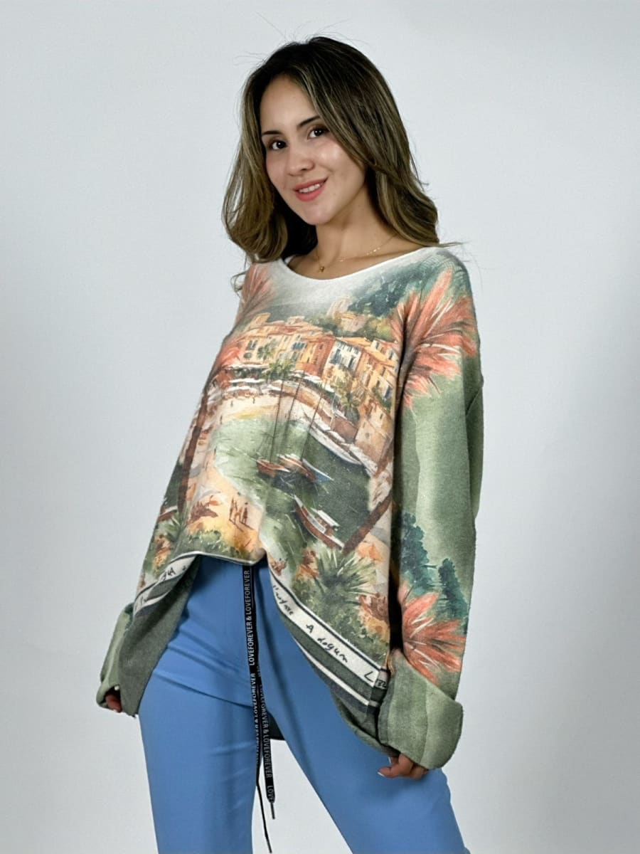 Sweater Spandex Italiano Paisaje Mediterraneo A3-741