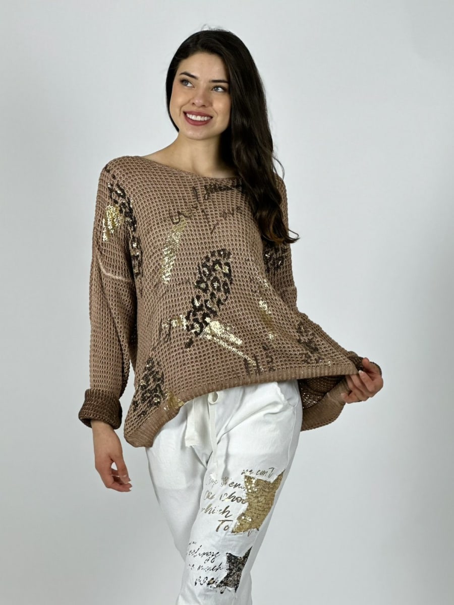 Tejido Italiano Flores Brillos y Letras A1-132