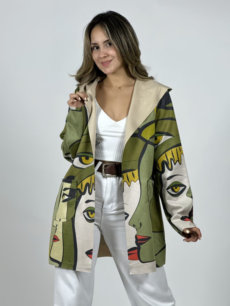 Abrigo Gamuza Italiano Rostros Abstractos B3-1532