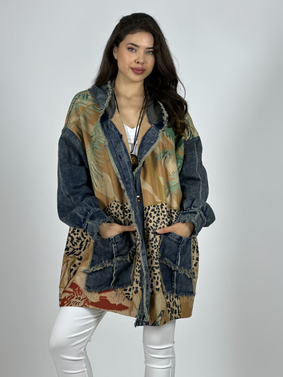 Abrigo Italiano Lana/Mezclilla Hojas/Leopardo A3-751