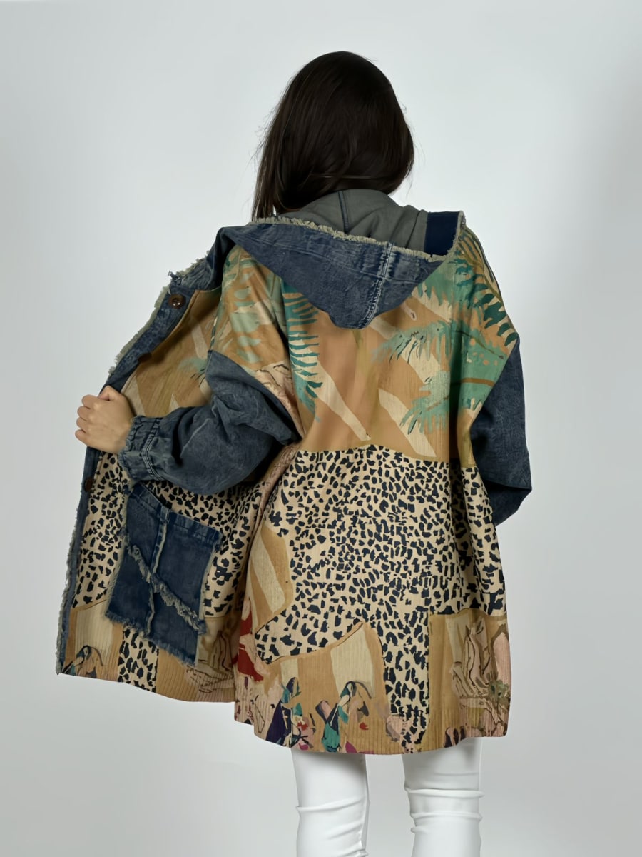 Abrigo Italiano Lana/Mezclilla Hojas/Leopardo A3-755