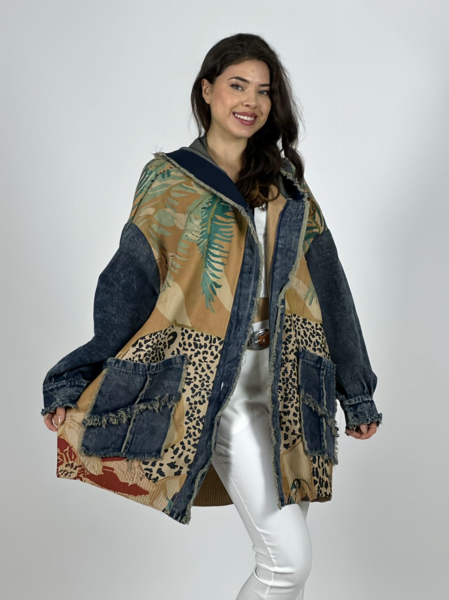 Abrigo Italiano Lana/Mezclilla Hojas/Leopardo A3-752