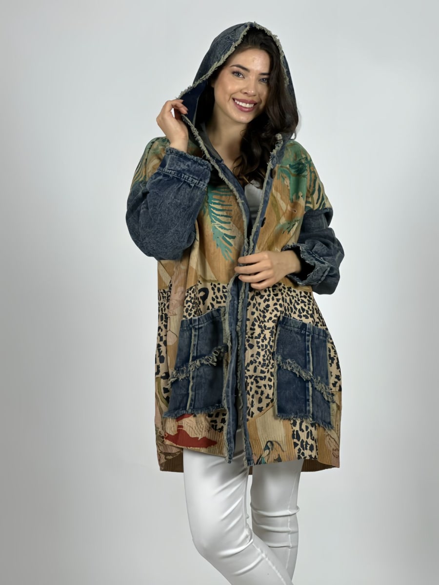 Abrigo Italiano Lana/Mezclilla Hojas/Leopardo A3-754