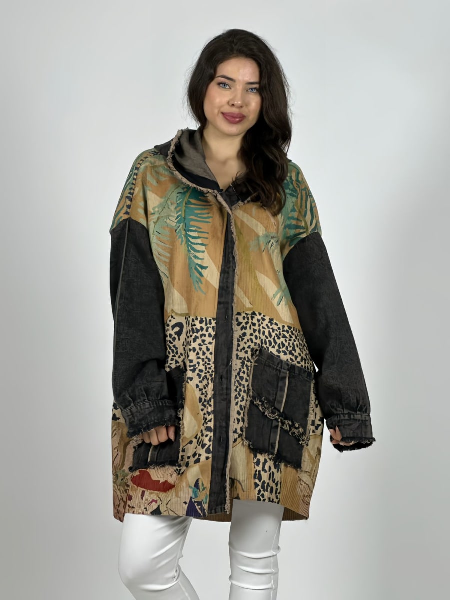 Abrigo Italiano Lana/Mezclilla Hojas/Leopardo A3-757