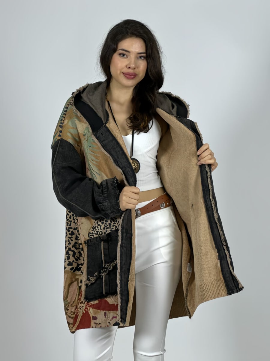 Abrigo Italiano Lana/Mezclilla Hojas/Leopardo A3-758