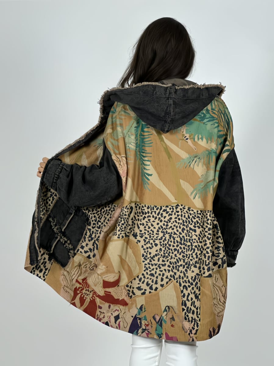 Abrigo Italiano Lana/Mezclilla Hojas/Leopardo A3-759