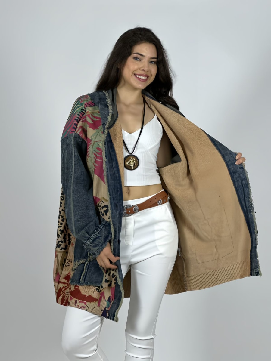 Abrigo Italiano Lana/Mezclilla Hojas/Leopardo A3-753