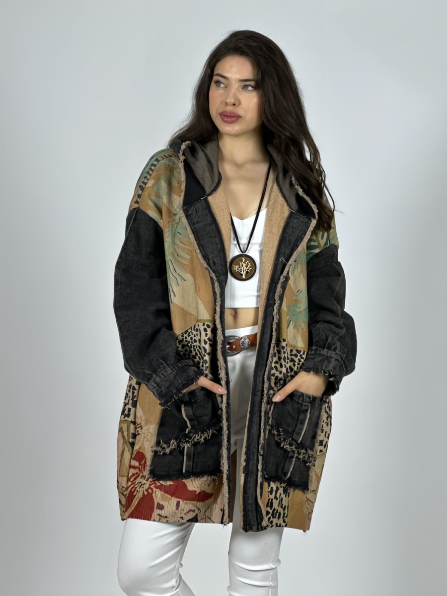 Abrigo Italiano Lana/Mezclilla Hojas/Leopardo A3-756