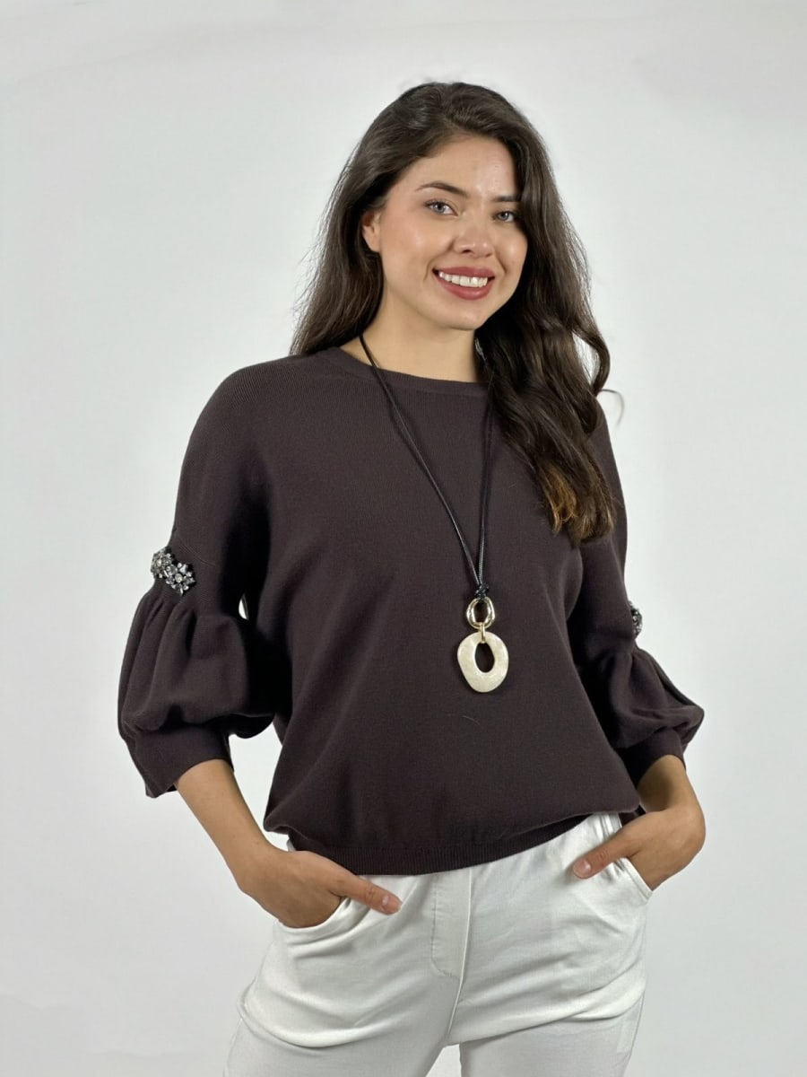 Sweater Spandex Mangas Recogidas Flor/Diamantes A4-8315