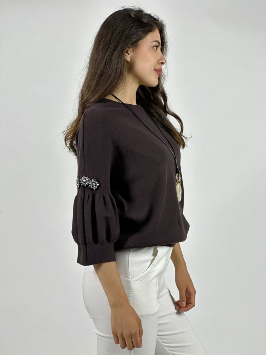 Sweater Spandex Mangas Recogidas Flor/Diamantes A4-8316
