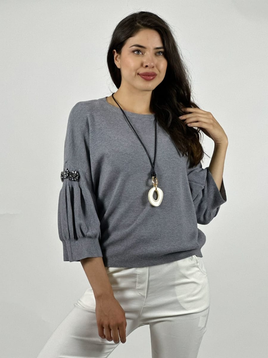 Sweater Spandex Mangas Recogidas Flor/Diamantes A4-8319