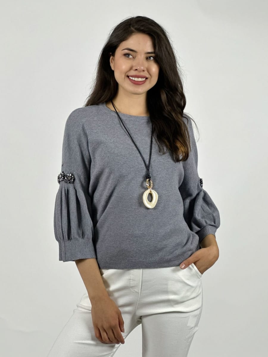 Sweater Spandex Mangas Recogidas Flor/Diamantes A4-8318