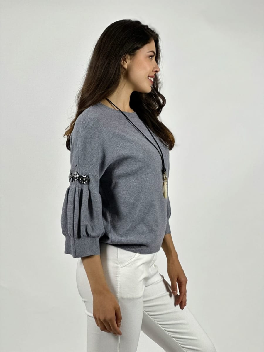 Sweater Spandex Mangas Recogidas Flor/Diamantes A4-8320