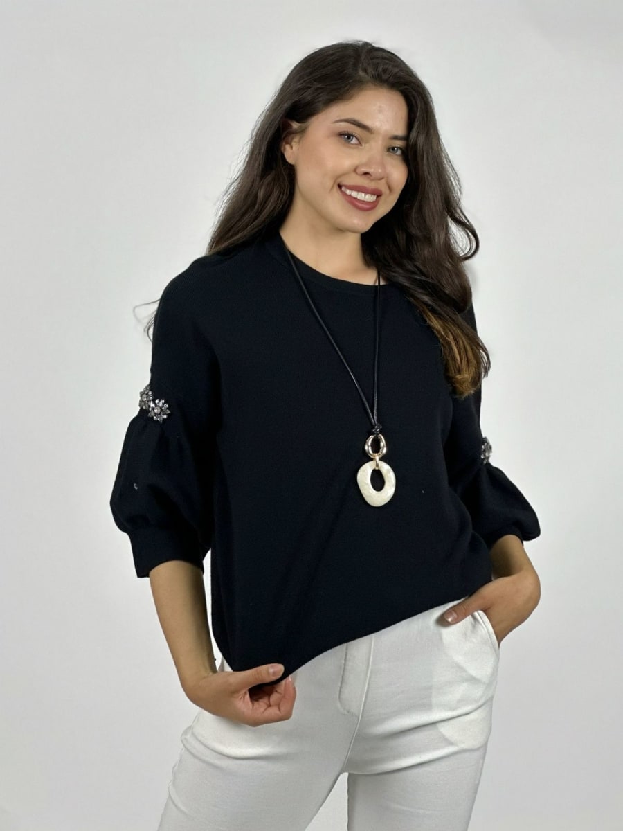 Sweater Spandex Mangas Recogidas Flor/Diamantes A4-835