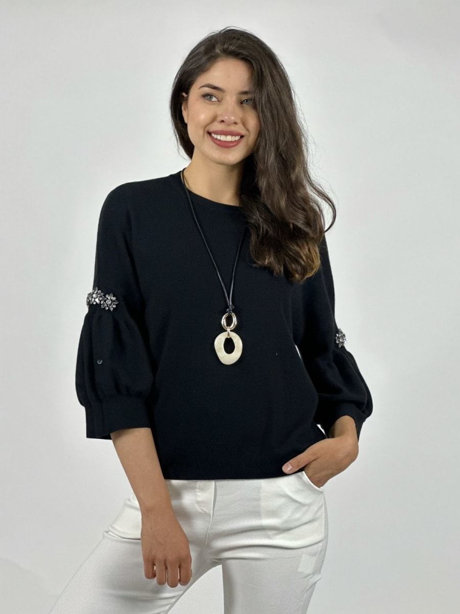 Sweater Spandex Mangas Recogidas Flor/Diamantes A4-834