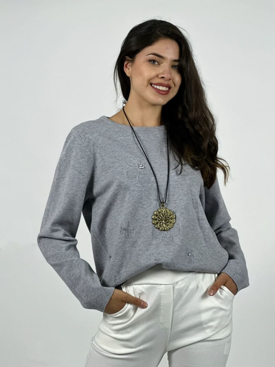 Sweater Spandex Flores Grabadas y Piedras Brillantes A3-751