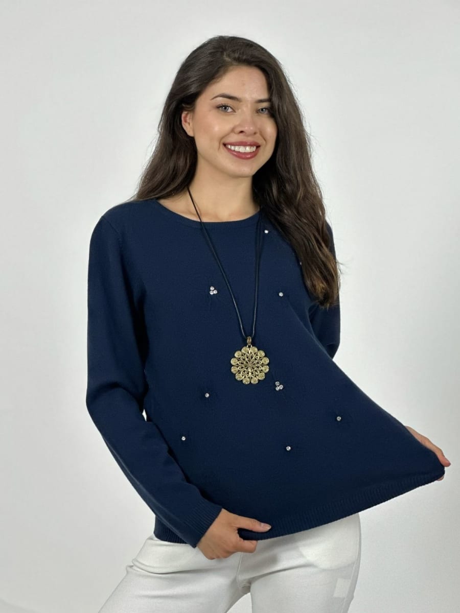 Sweater Spandex Flores Grabadas y Piedras Brillantes A3-7510