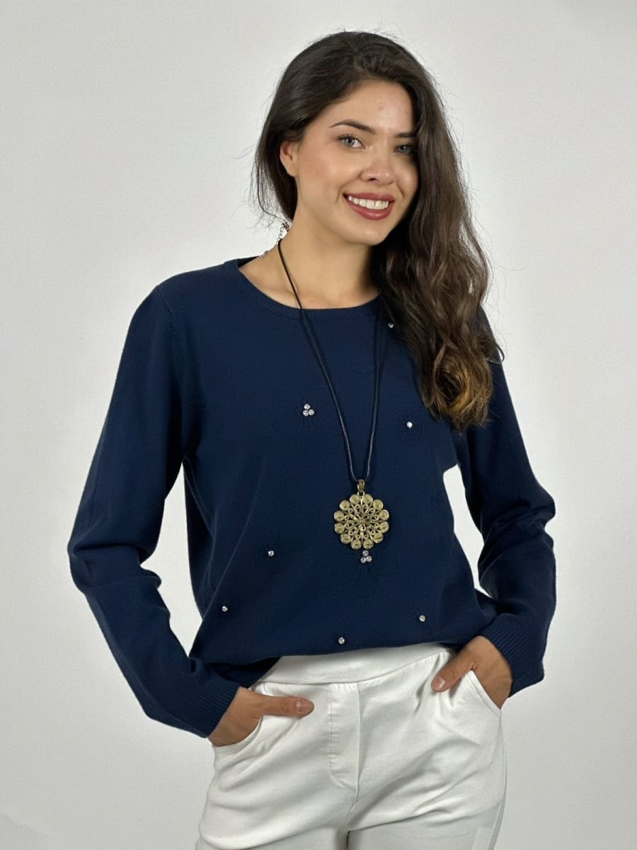 Sweater Spandex Flores Grabadas y Piedras Brillantes A3-7511