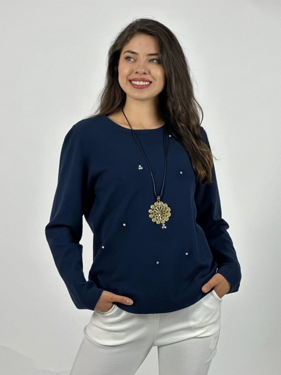 Sweater Spandex Flores Grabadas y Piedras Brillantes A3-7512