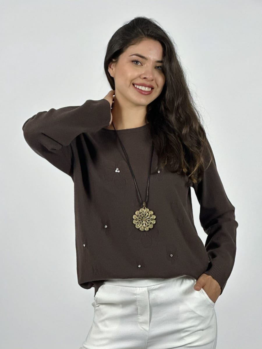 Sweater Spandex Flores Grabadas y Piedras Brillantes A3-754