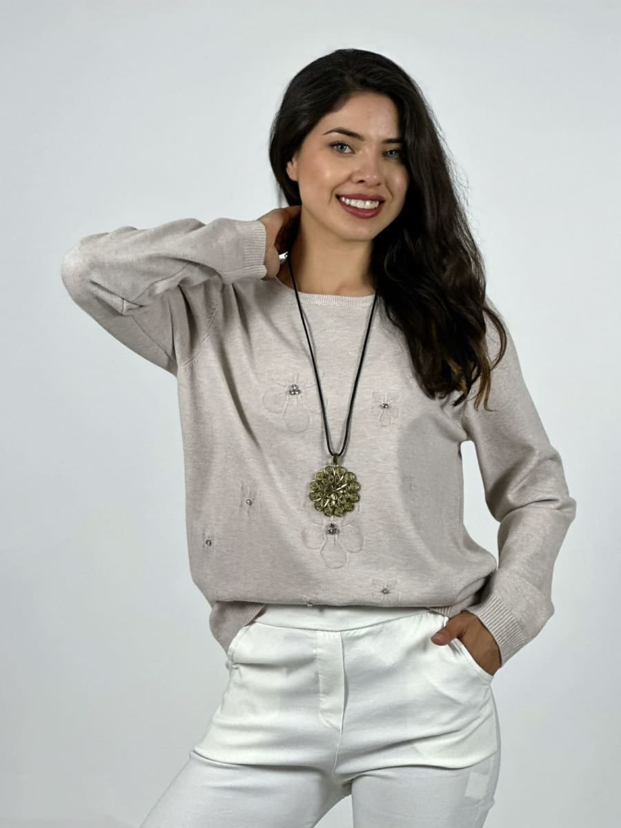 Sweater Spandex Flores Grabadas y Piedras Brillantes A3-757