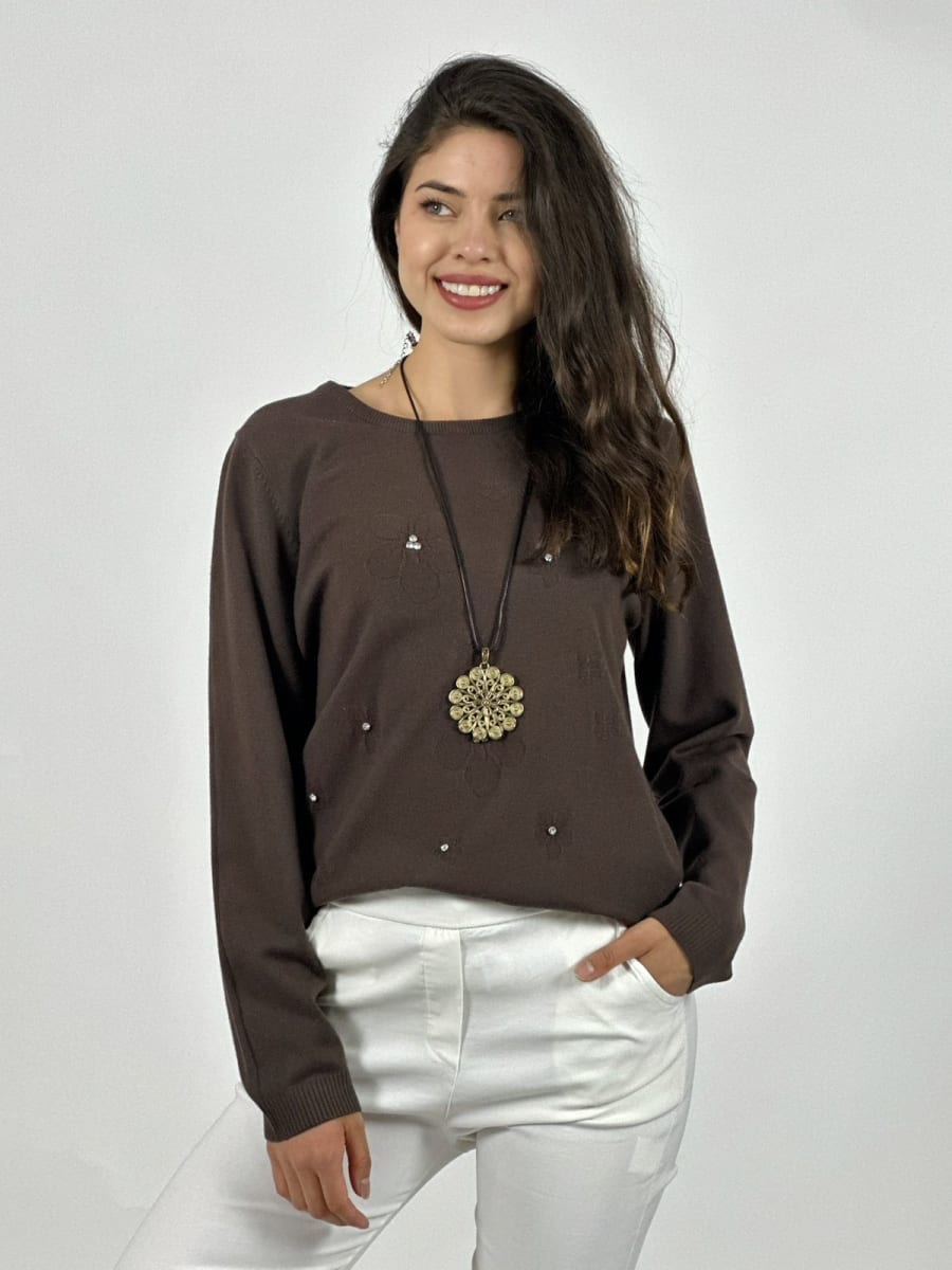 Sweater Spandex Flores Grabadas y Piedras Brillantes A3-755