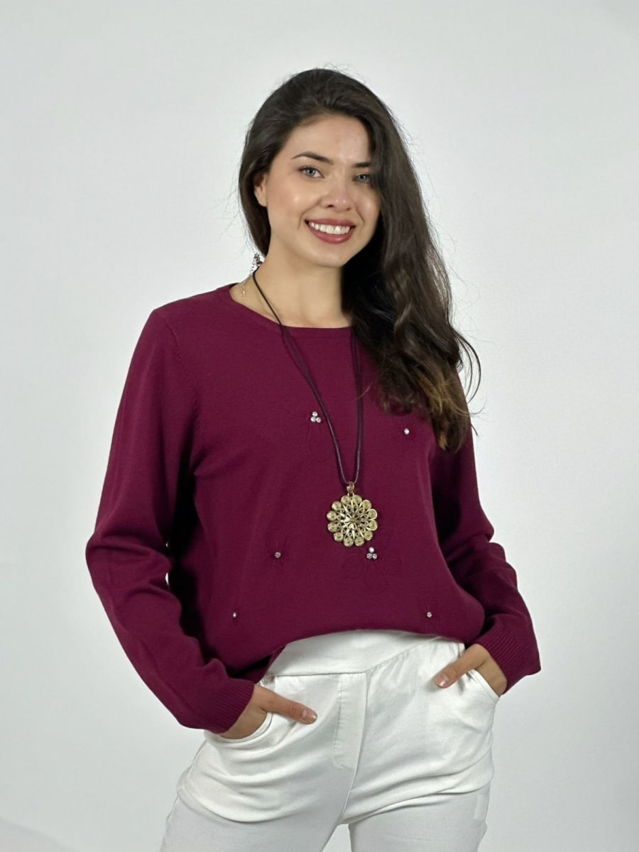 Sweater Spandex Flores Grabadas y Piedras Brillantes A3-7514