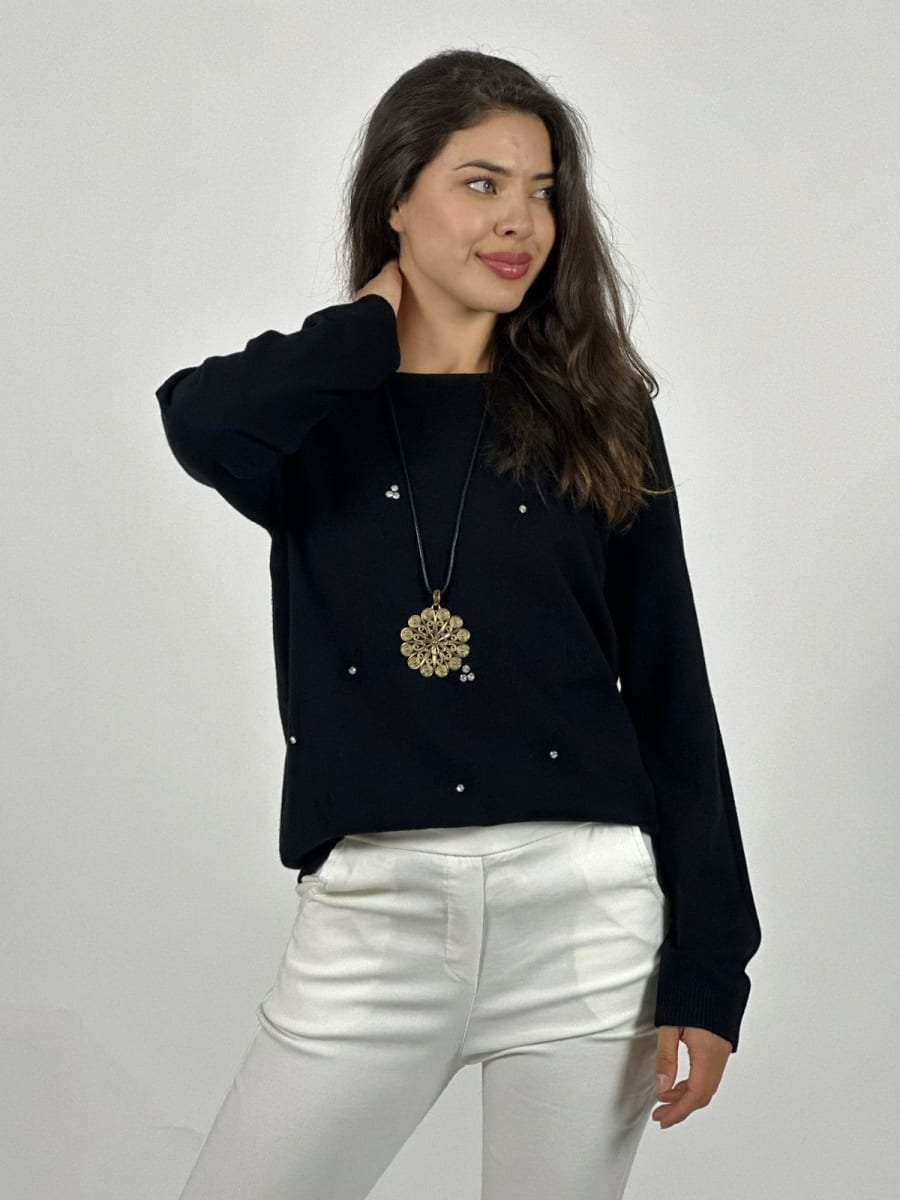 Sweater Spandex Flores Grabadas y Piedras Brillantes A3-7518