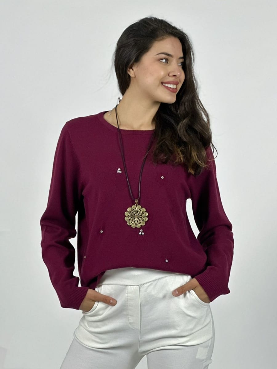Sweater Spandex Flores Grabadas y Piedras Brillantes A3-7515