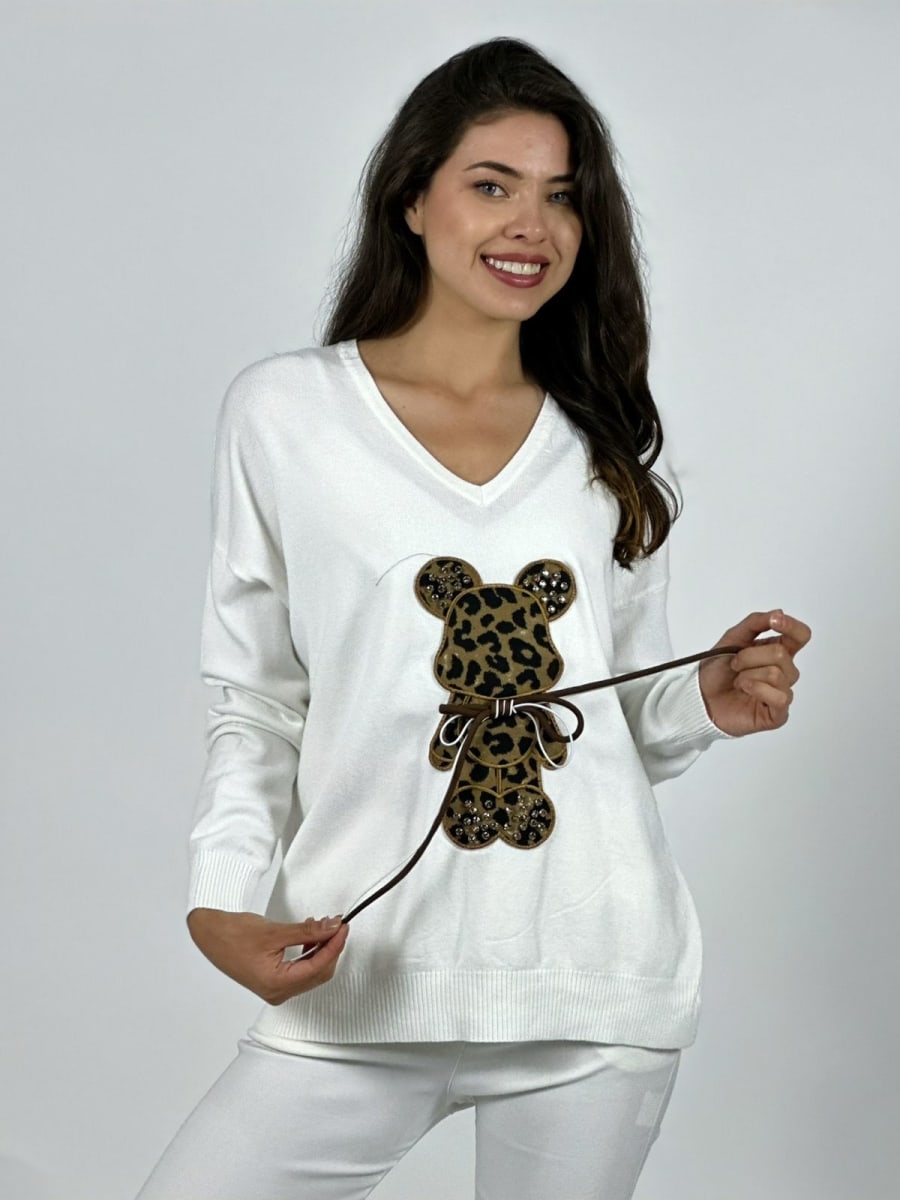 Sweater Spandex Oso Print con Moño A3-791