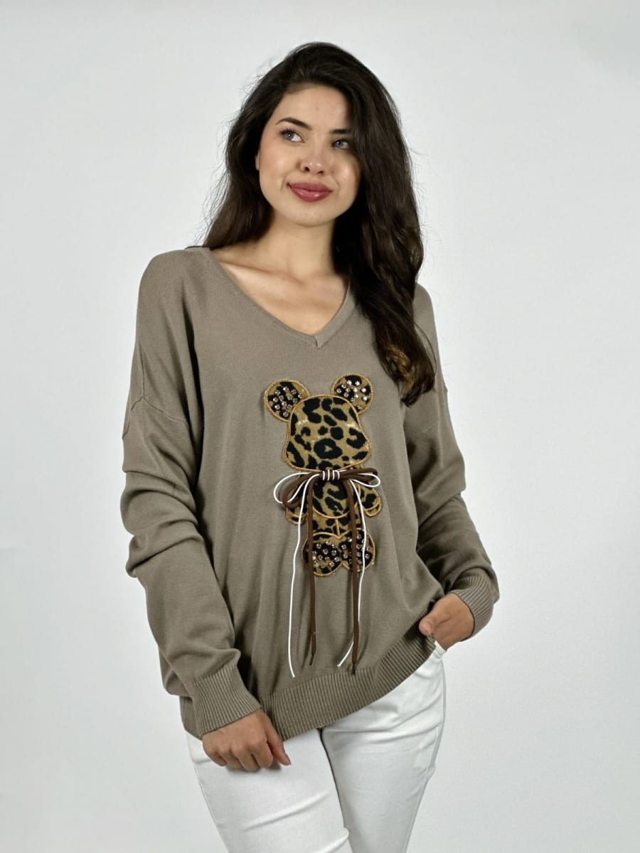 Sweater Spandex Oso Print con Moño A3-794