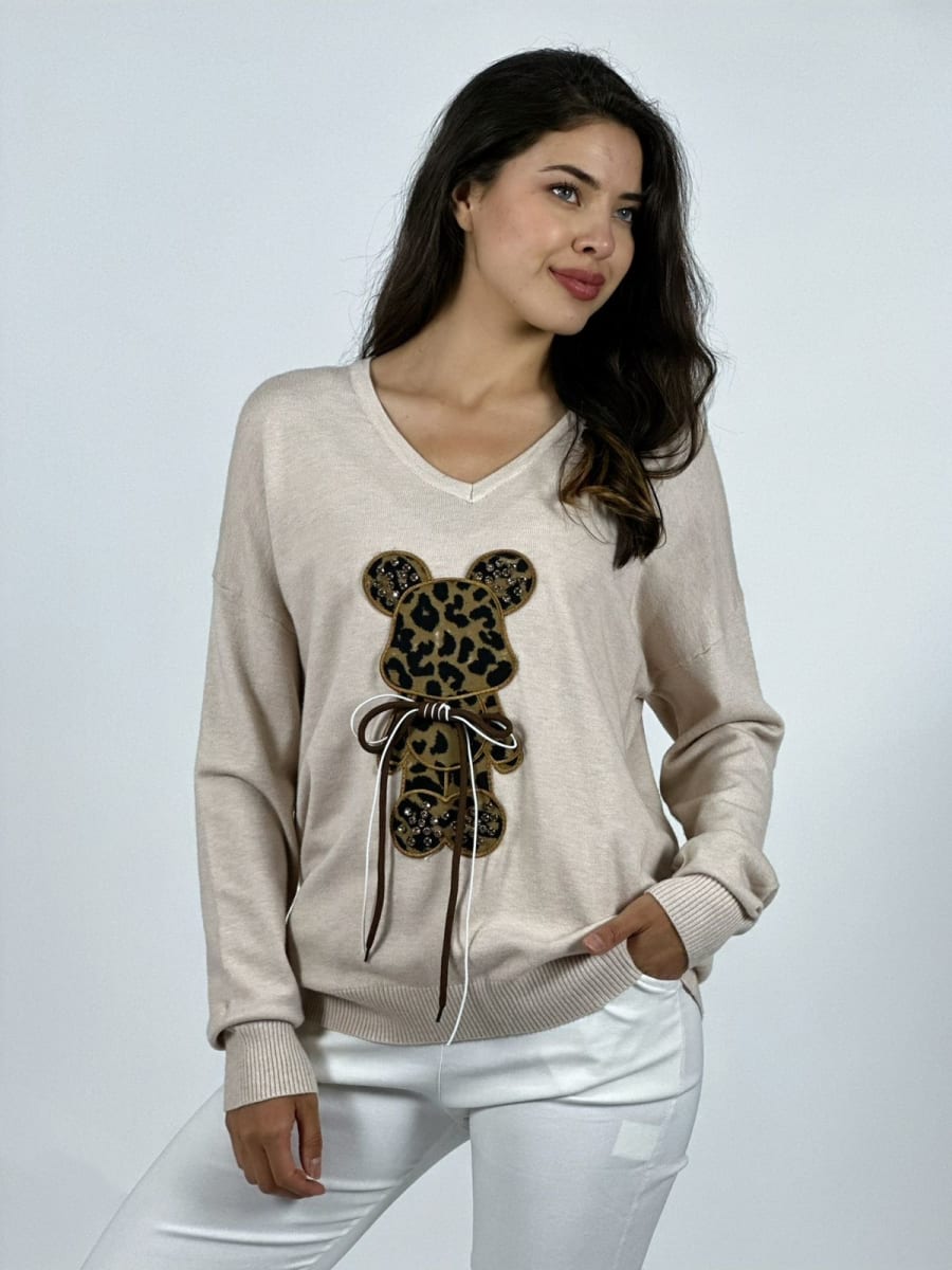 Sweater Spandex Oso Print con Moño A3-798