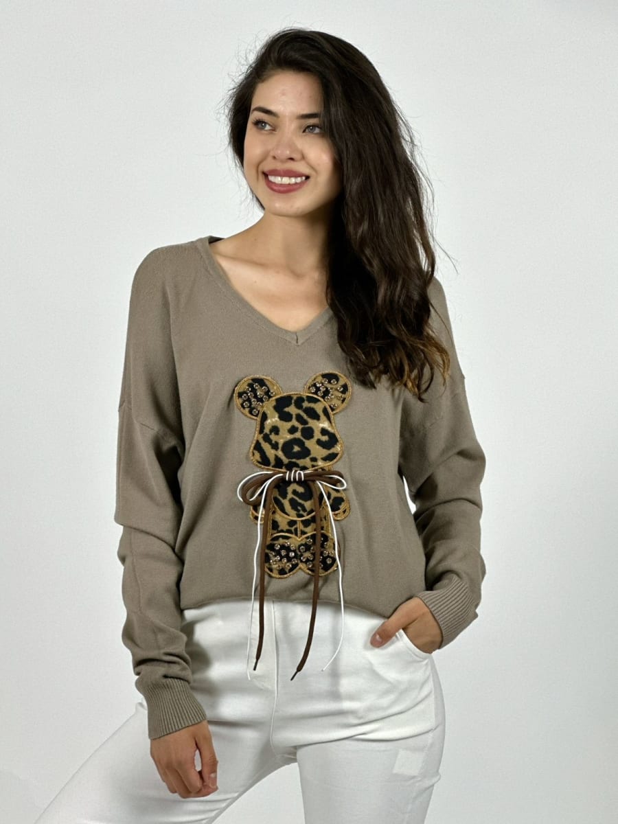 Sweater Spandex Oso Print con Moño A3-796