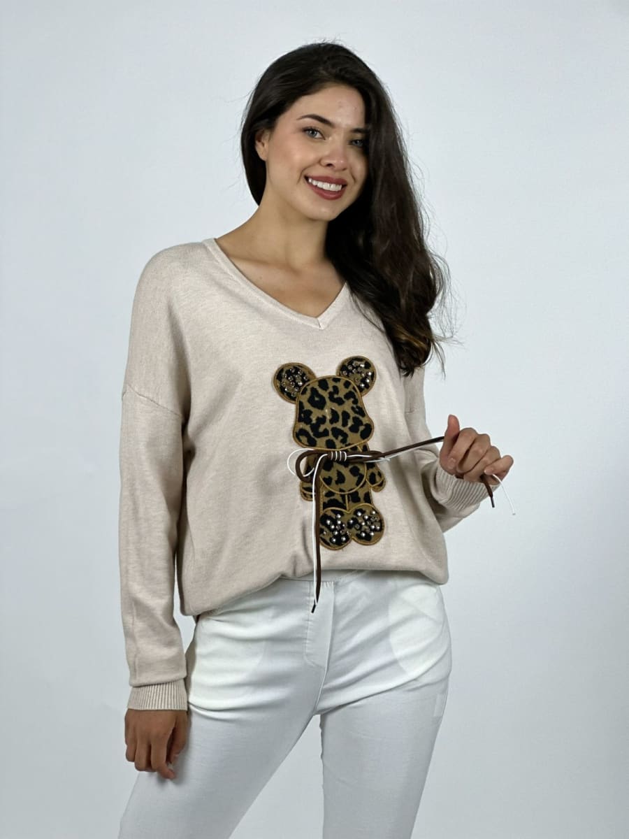 Sweater Spandex Oso Print con Moño A3-797