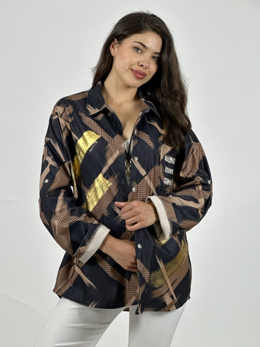 Camisa Cotele Lineas y Brillos Cruzados A1-324