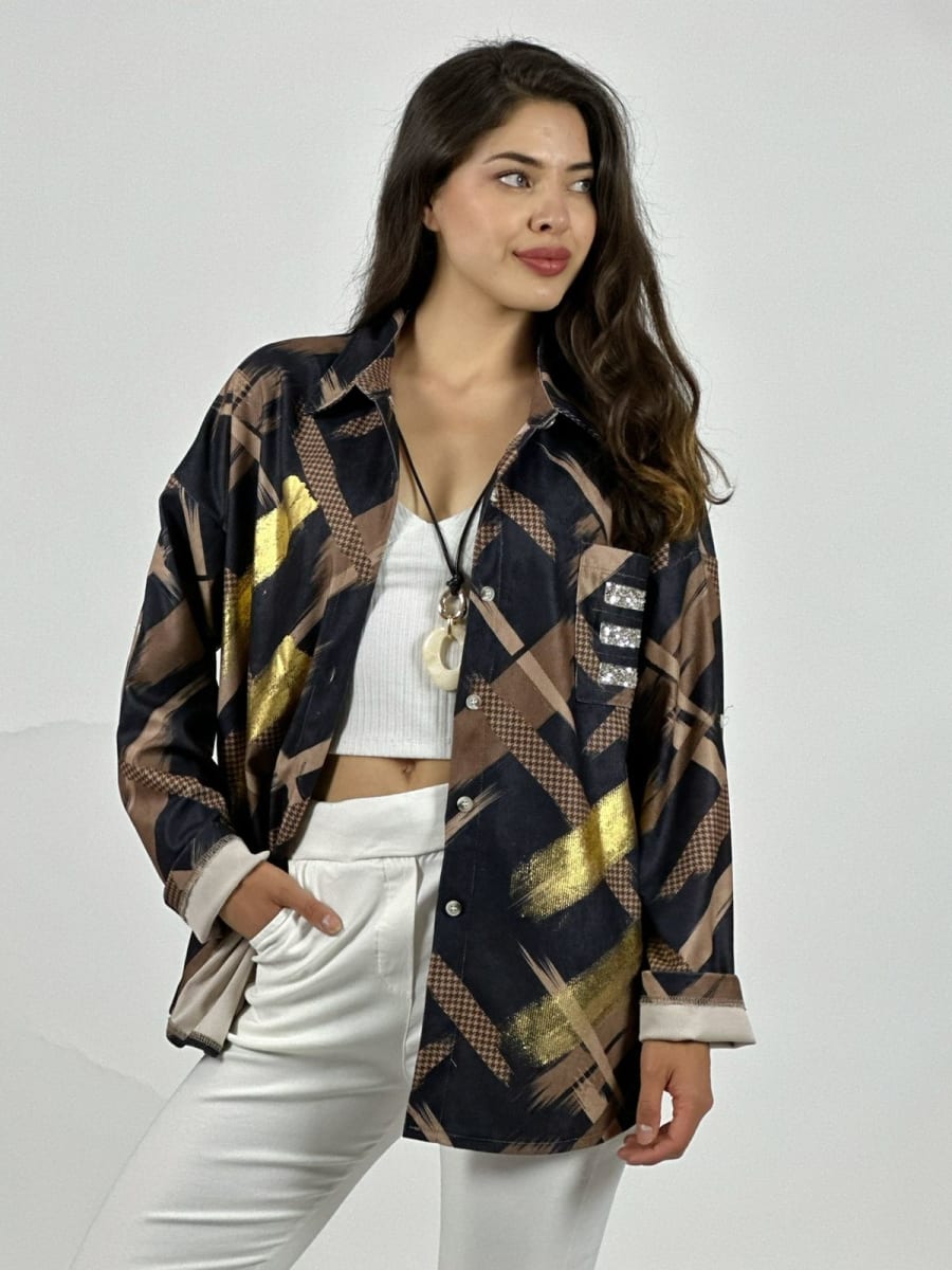 Camisa Cotele Lineas y Brillos Cruzados A1-327