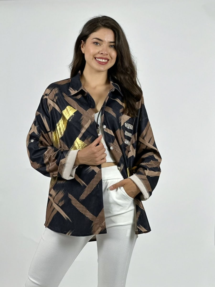 Camisa Cotele Lineas y Brillos Cruzados A1-326