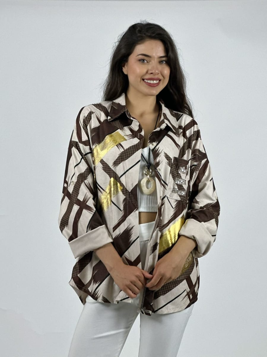 Camisa Cotele Lineas y Brillos Cruzados A1-3212