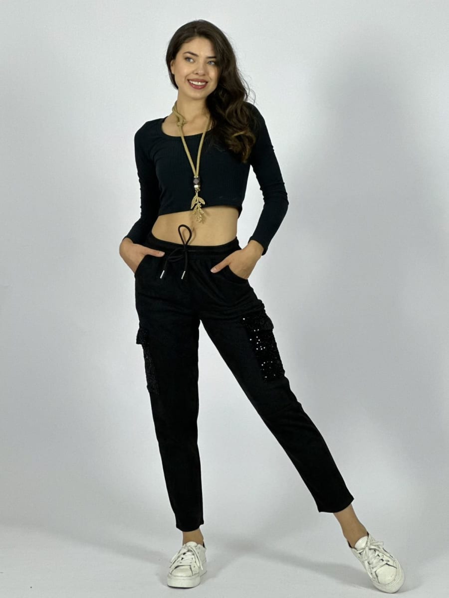 Jogger Gamuza Flores Bordadas Bolsillos Cargo Brillos A1-91