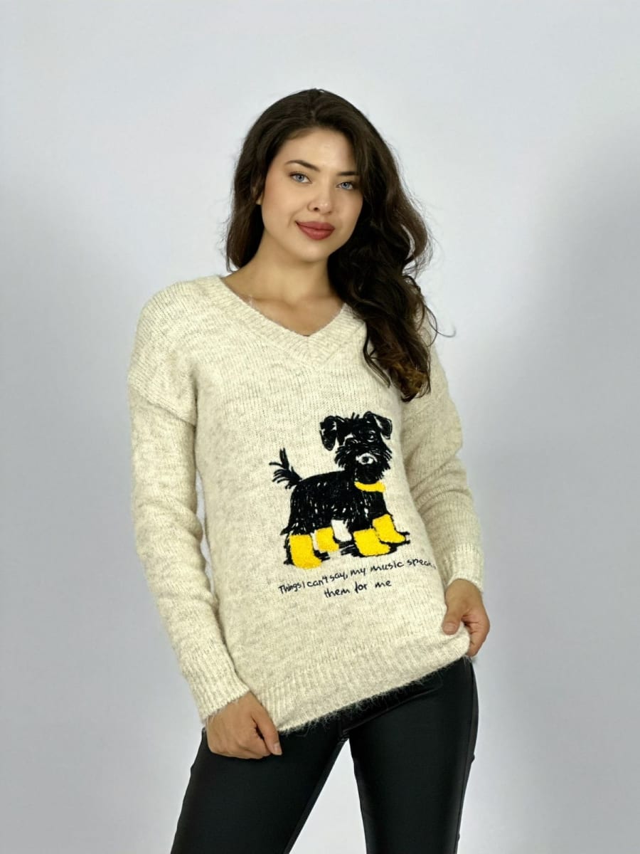 Sweater Lana Estampado Terrier con Letras A3-6710