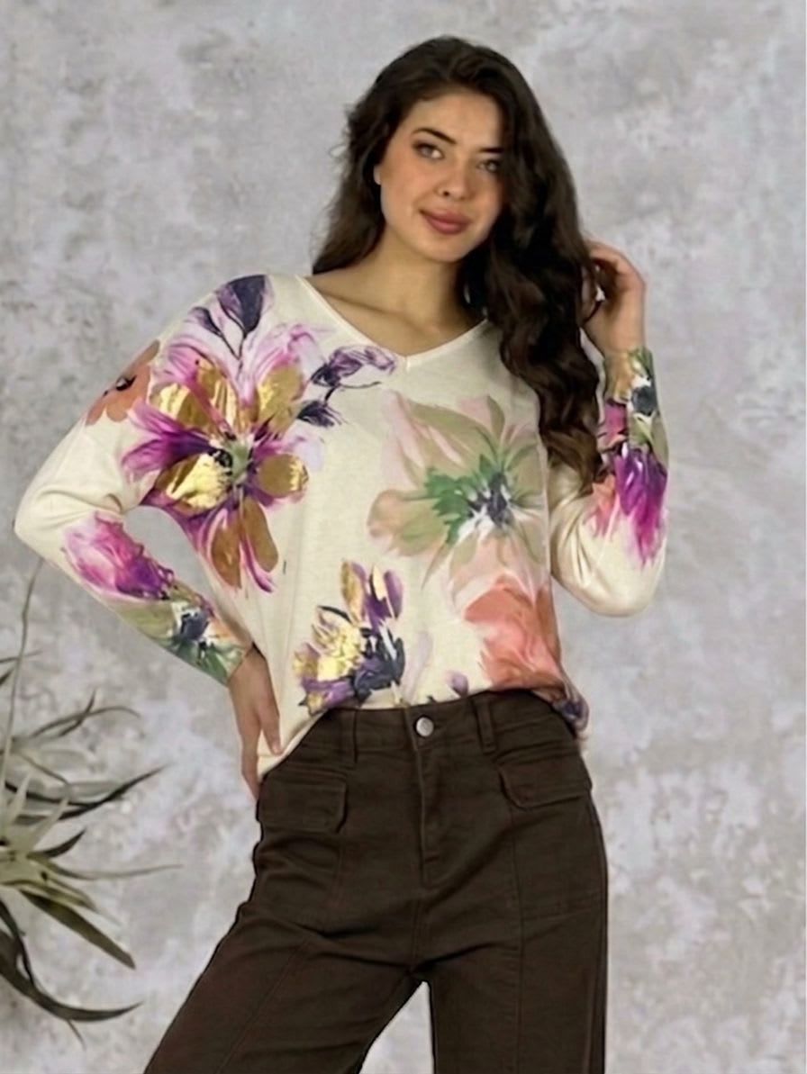 Sweater Spandex Estampado Floral con Brillo A3-74//777