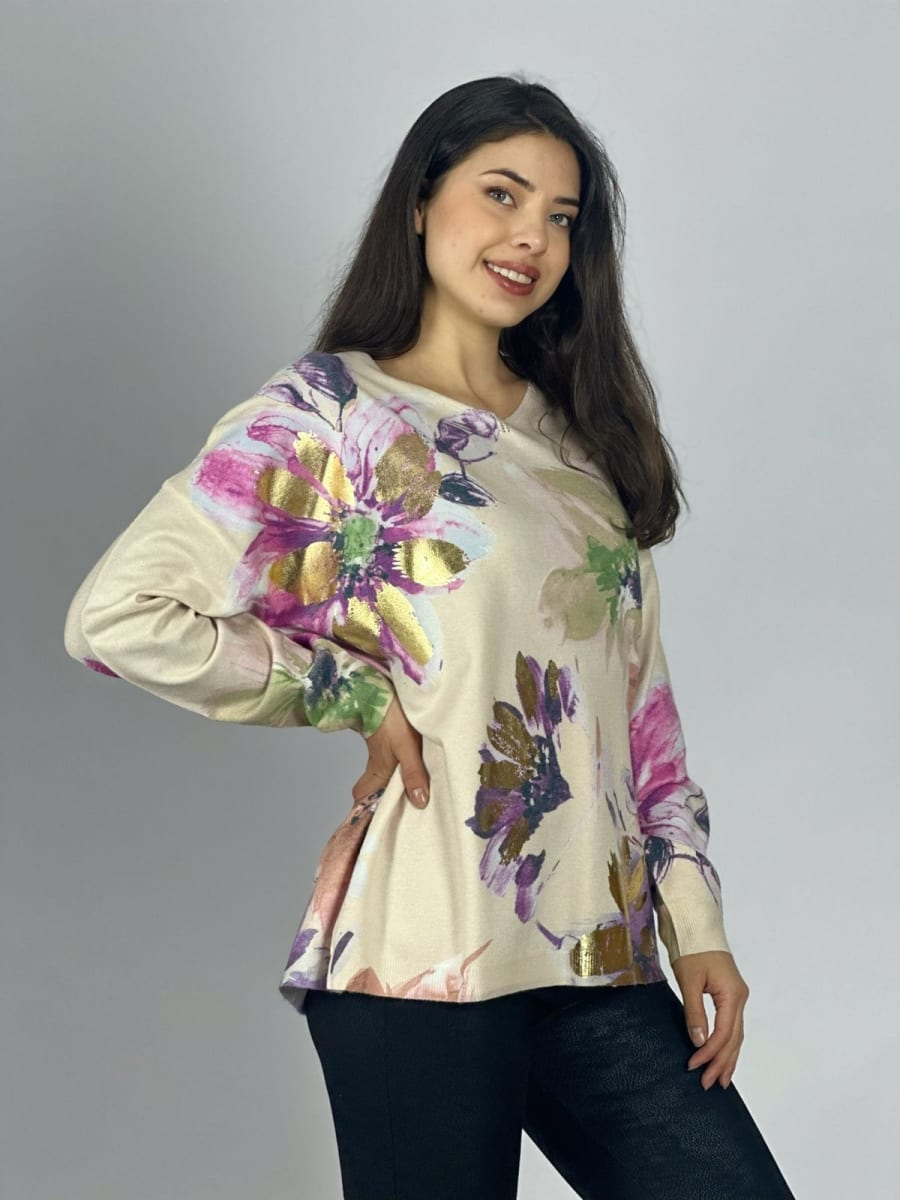 Sweater Spandex Estampado Floral con Brillo A3-74//7714